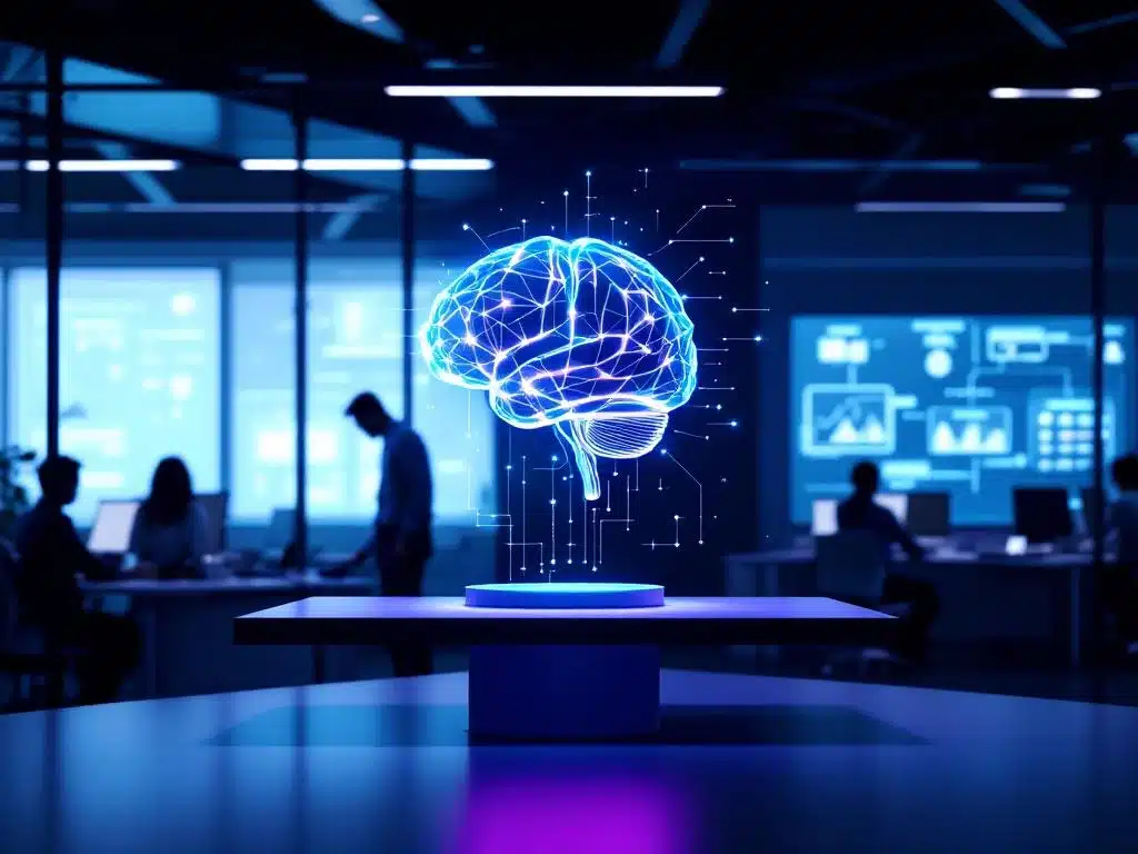 holografische ai-herseninterface zweeft boven bureau in modern kantoor met silhouetten van zakenmensen bij werkstations