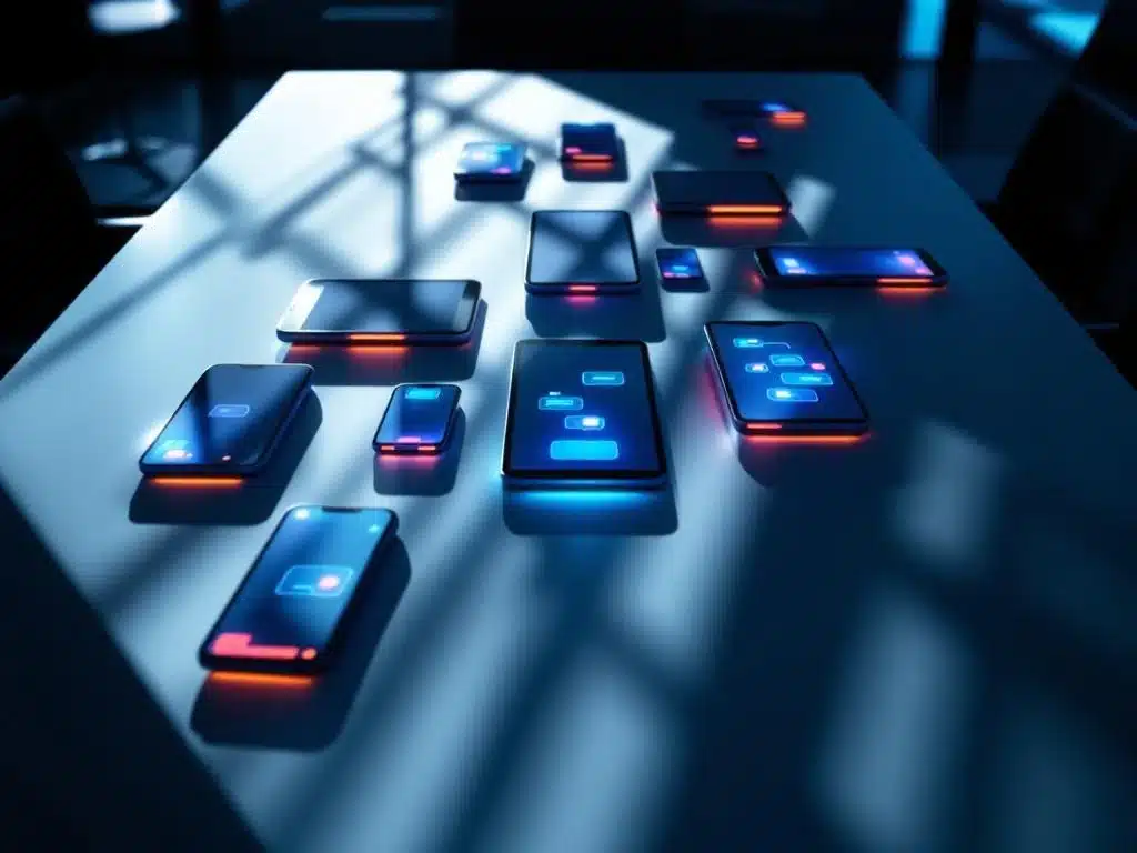 smartphones en tablets met blauwe en oranje communicatie-iconen op moderne conferentietafel met dramatische belichting