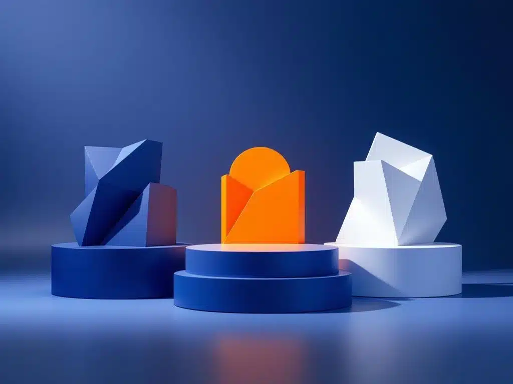 drie geometrische podiums in blauw, oranje en wit met 3d-vormen die bedrijfsmodellen representeren in moderne compositie