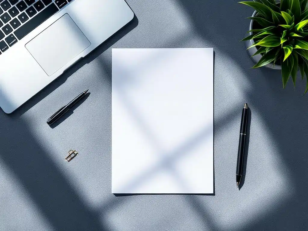 wit contractdocument op modern kantoorbureau met laptop, pen en paperclips in navy en wit kleurenschema