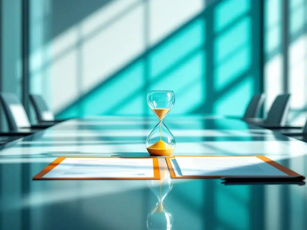 zandloper naast contractdocumenten op moderne vergadertafel met dramatische verlichting in zakelijk kantoor