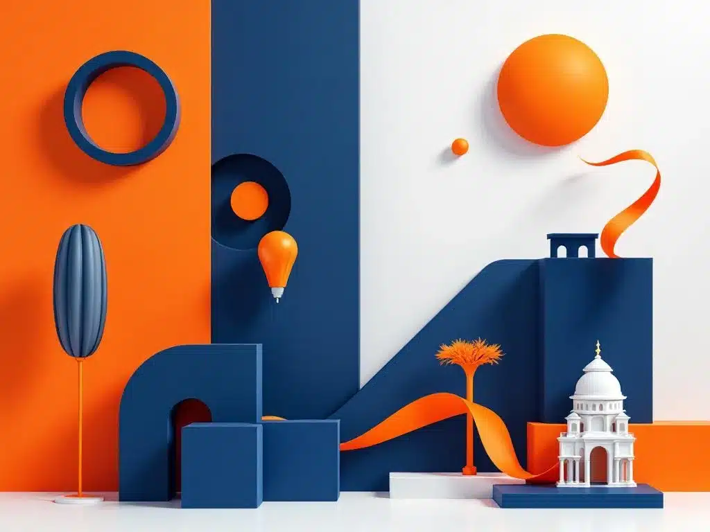 abstracte geometrische vormen in marineblauw en oranje die culturele diversiteit en mondiale connectiviteit symboliseren