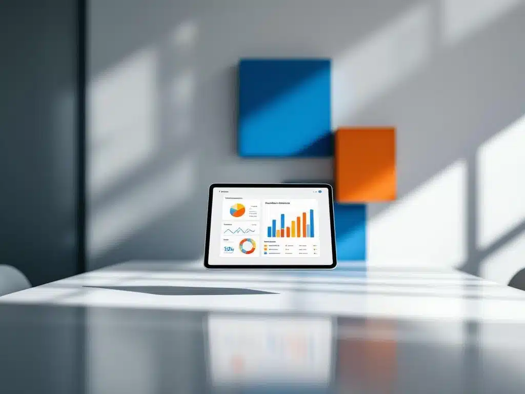 tablet toont kleurrijke data-analyse grafieken en tevredenheidsmetrieken in moderne kantooromgeving met blauwe en oranje accenten