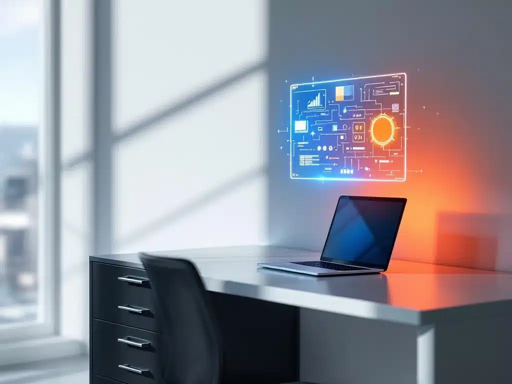 modern kantoor met traditionele grijze archiefkast en gloeiend digitaal interface-paneel boven laptop, oranje en blauwe verlichting