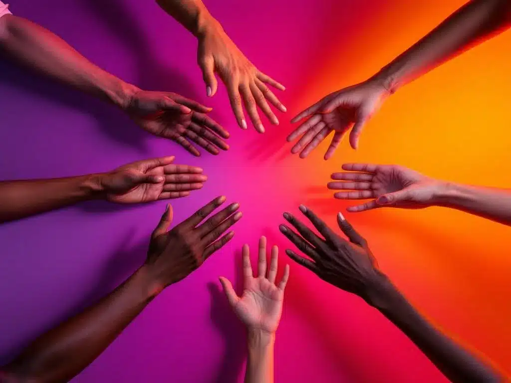 diverse handen in verschillende huidtinten vormen geometrisch patroon op paars-oranje achtergrond, symbool voor inclusie