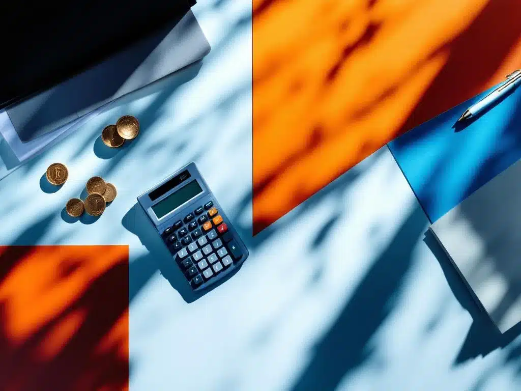 modern bureau van bovenaf met rekenmachine, munten en financiële documenten in blauw en oranje kleuren