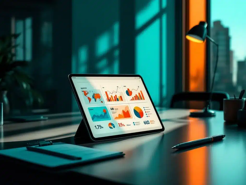 tablet met datavisualisaties en groeigrafiek op modern bureau in strak kantoor met geometrische schaduwen