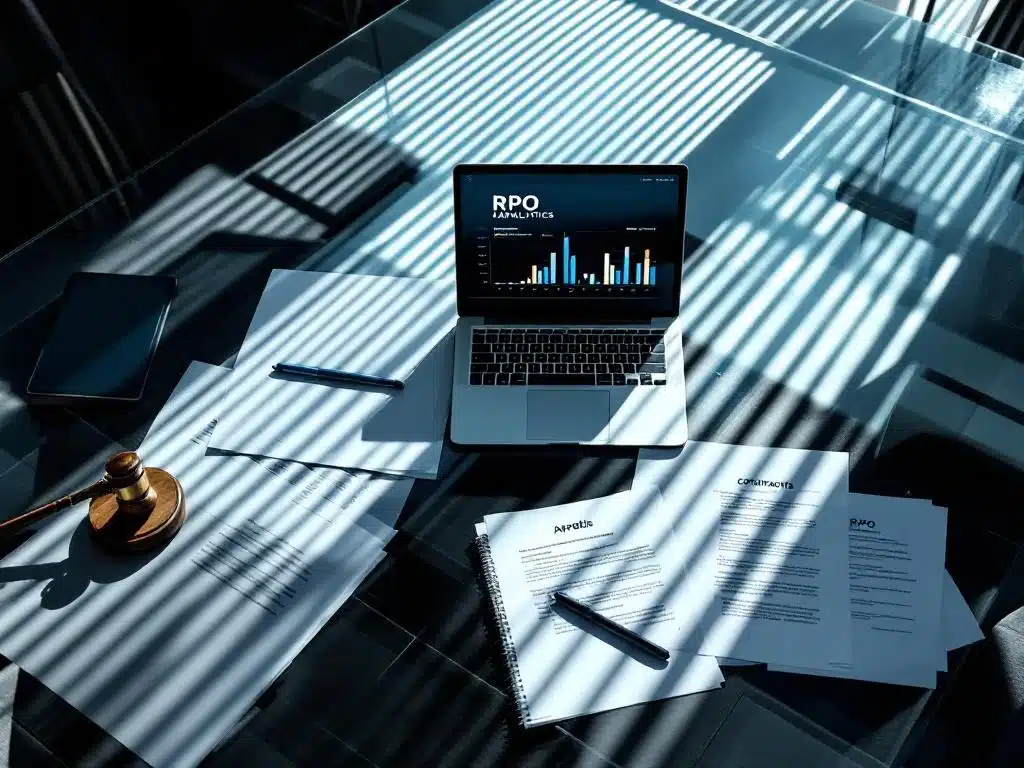 glazen vergadertafel met juridische documenten, laptop met rpo-analytics, hamer en tablet in modern kantoor