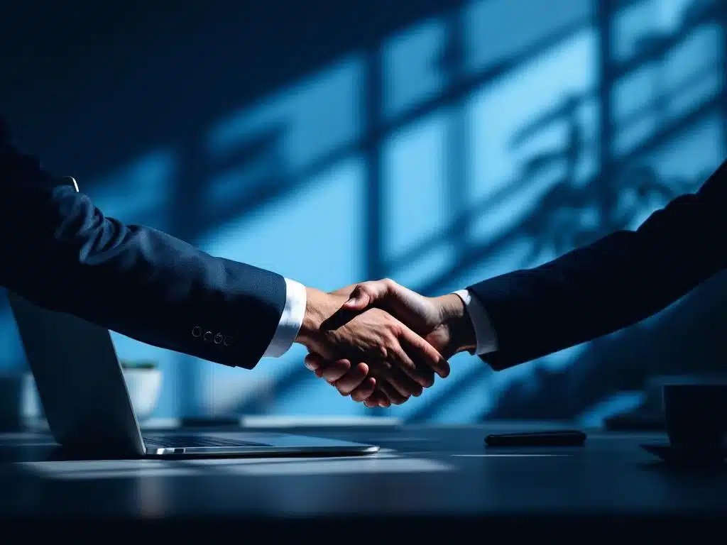 professionele handdruk in modern kantoor met blauwe en oranje kleuren, dramatische belichting en hr-interface elementen