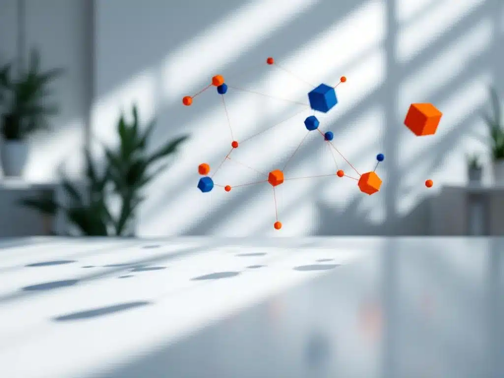 moderne kantooromgeving met zwevende geometrische vormen in oranje en blauw die hr-verbindingen symboliseren