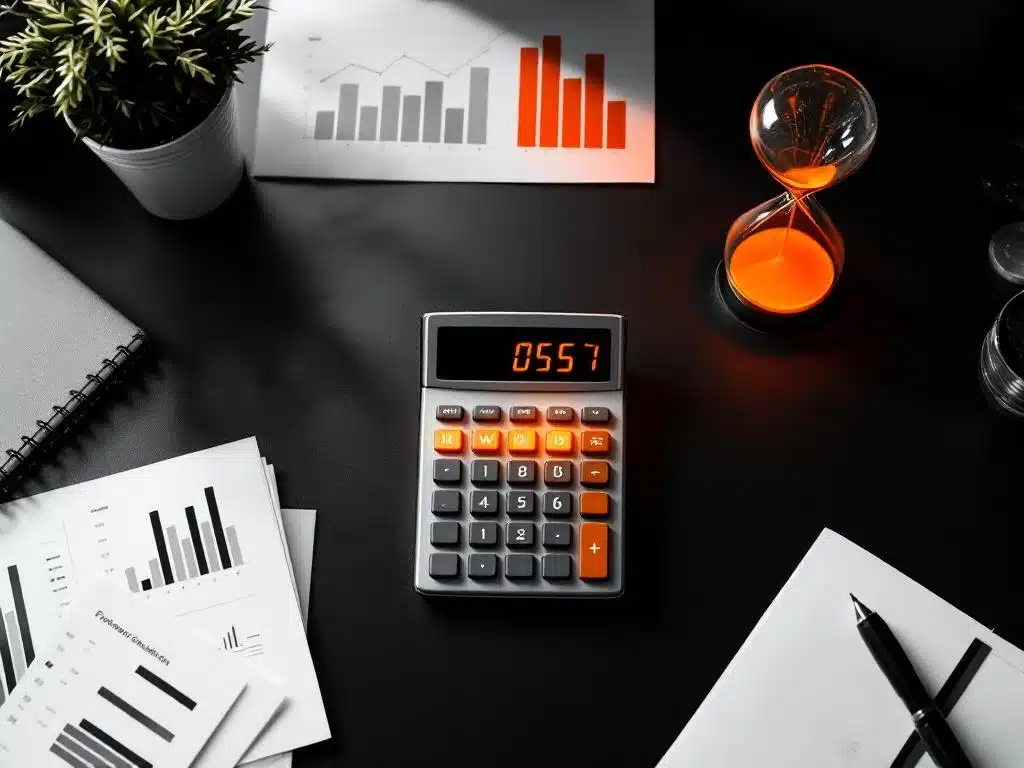 moderne kantoorbureau van bovenaf met rekenmachine, financiële documenten, zandloper en munten in geometrische opstelling