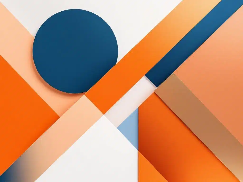 moderne geometrische compositie met oranje en blauwe vormen, dramatische belichting en metallic accenten op witte achtergrond