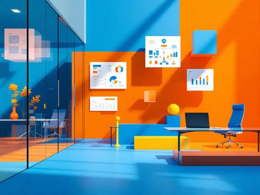 moderne kantooromgeving met geometrische glasconferentieruimtes, bureaus en hr-technologie in blauw-oranje kleurblokken