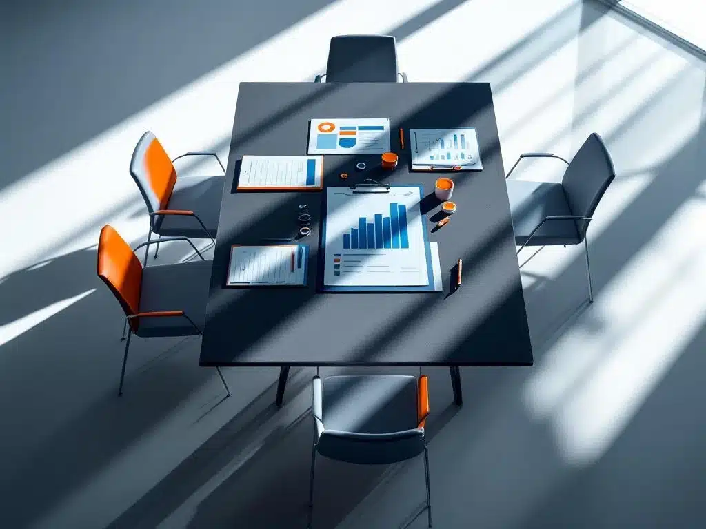 moderne kantooromgeving met verlichte vergadertafel, klemborden en kwaliteitscontrole checklists in blauw en oranje