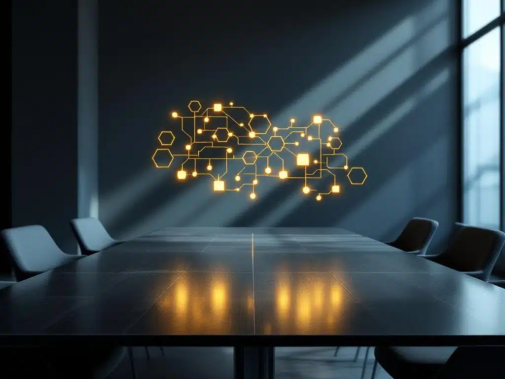 organisatieschema met gouden highlights zweeft boven moderne vergadertafel in kantoor met dramatische belichting