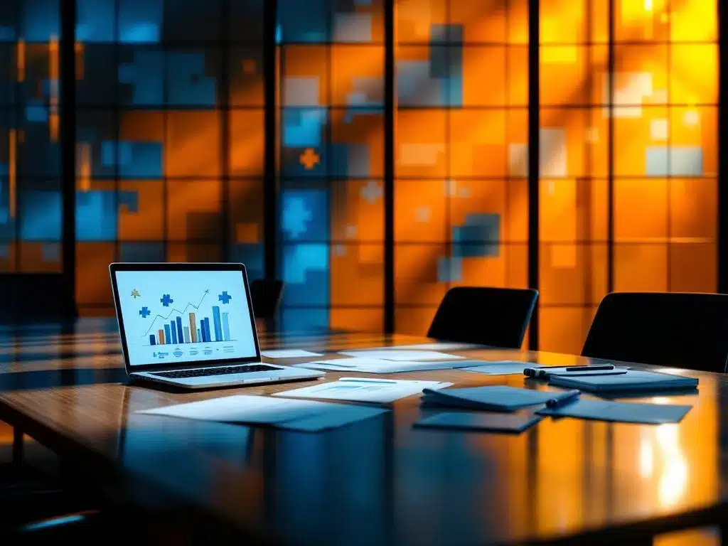 moderne kantoorvergaderruimte met laptop, documenten en strategische bedrijfsgrafiek op houten tafel met dramatische verlichting