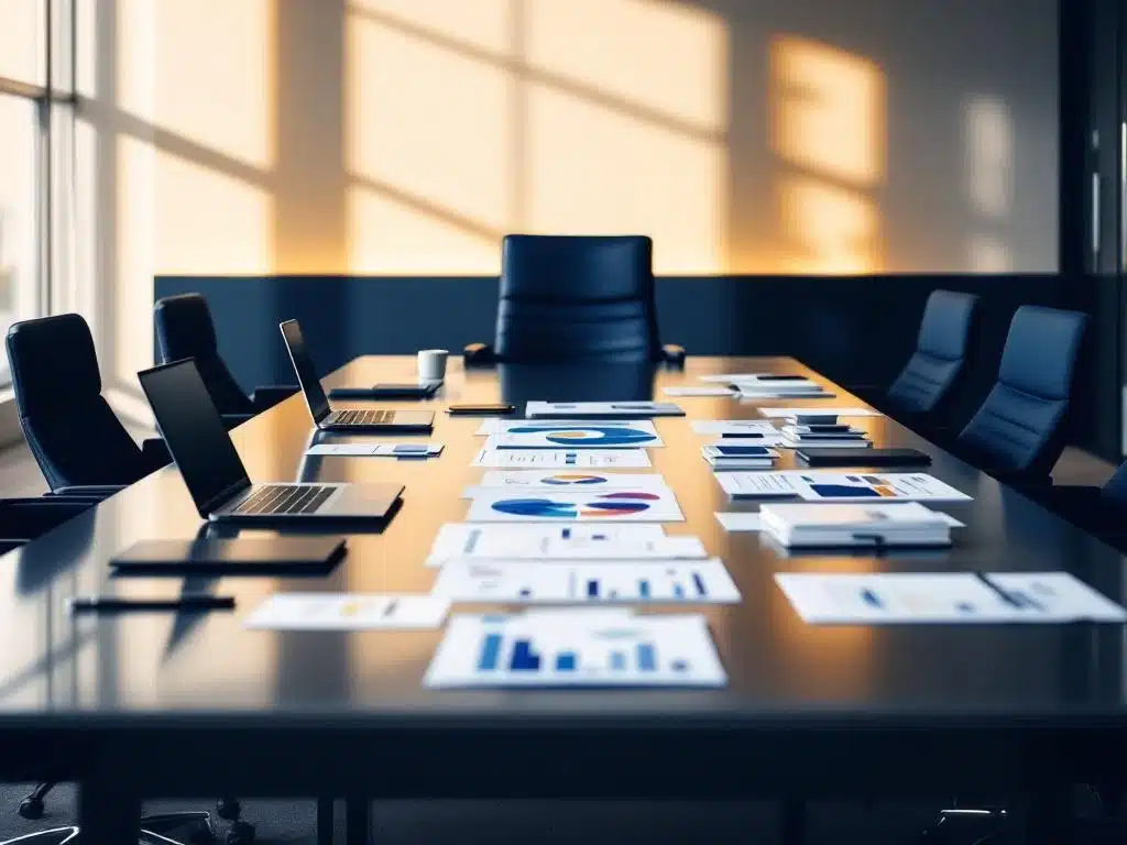 moderne vergaderruimte met lege directiestoel aan hoofd van tafel, laptops en documenten in navy-wit interieur