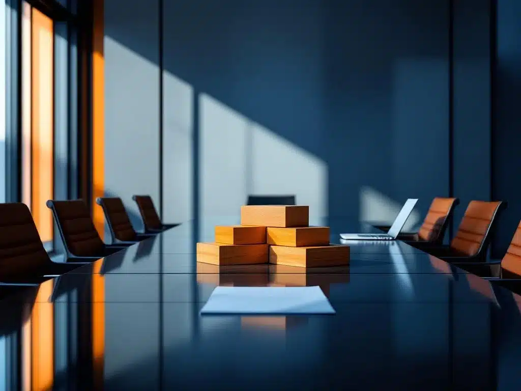 moderne kantooromgeving met houten blokken in trapvorm op conferentietafel, laptop en documenten, dramatische verlichting