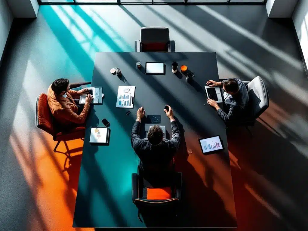 moderne bestuurskamer tafel met zakelijke documenten, tablets en grafiek in oranje en turquoise verlichting