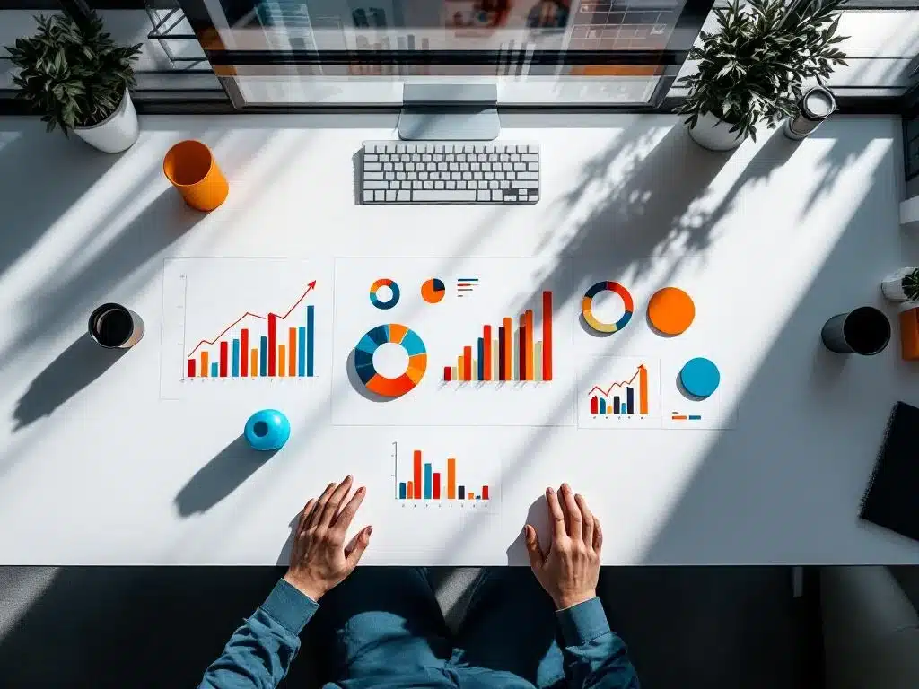 moderne kantoorwerkplek van bovenaf met kleurrijke data-visualisaties, grafieken en dashboards op wit bureau