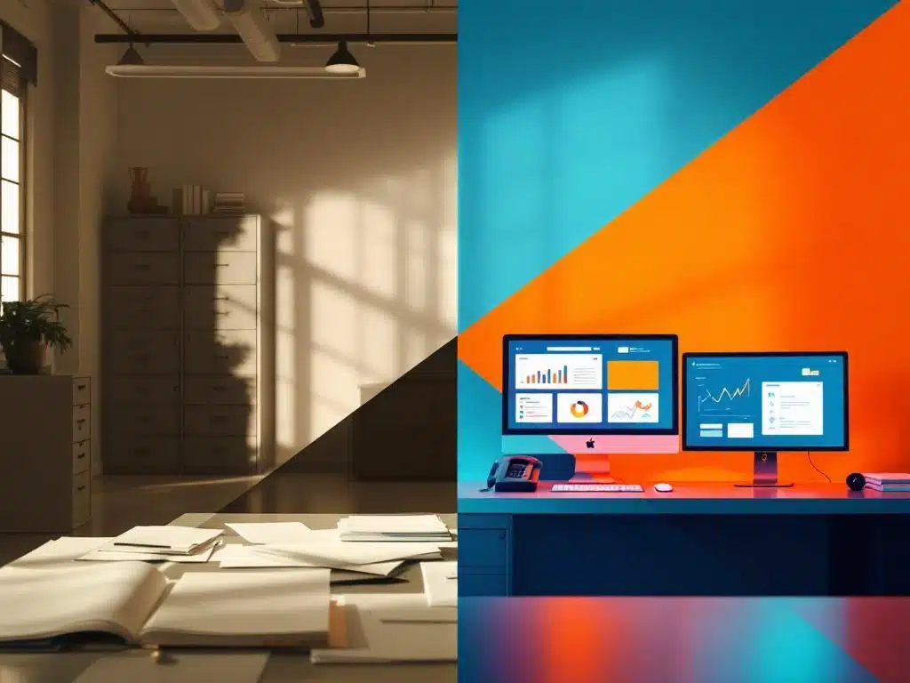 gesplitst scherm toont contrast tussen traditionele werving met papieren documenten en moderne digitale recruitment workspace