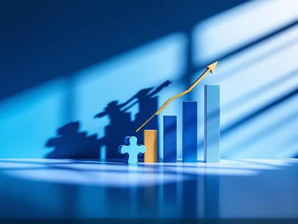 modern kantooromgeving met puzzelstukken en grafieken op minimalistisch bureau, dramatische belichting en blauw-wit verloop