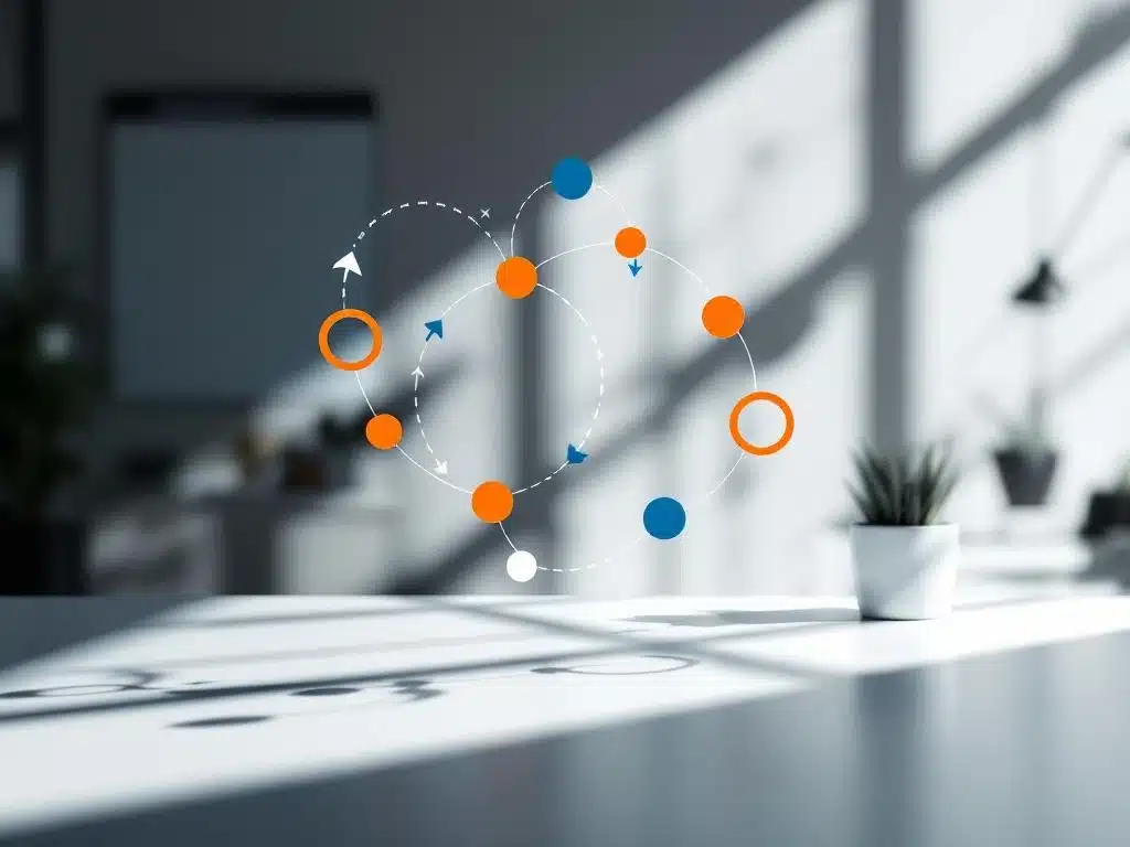 recruitment processchema met oranje en blauwe geometrische iconen op modern kantoorbureau met dramatische belichting