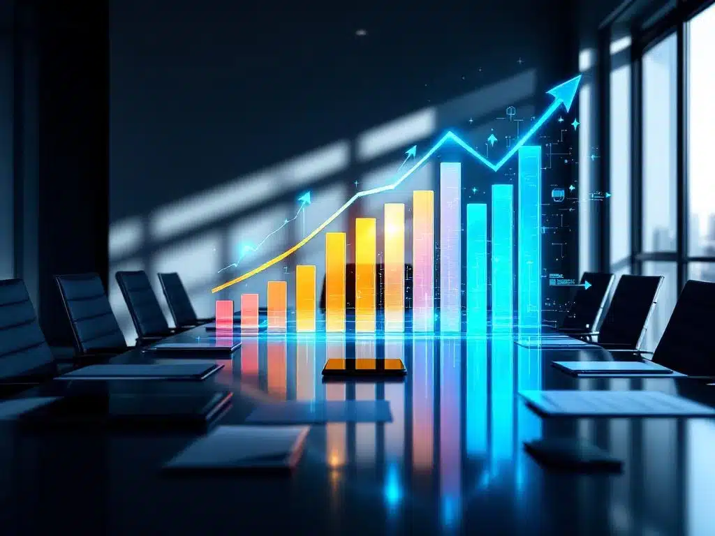moderne kantooromgeving met holografische datavisualisaties in blauw en oranje die bedrijfsgroei en wervingsoplossingen tonen