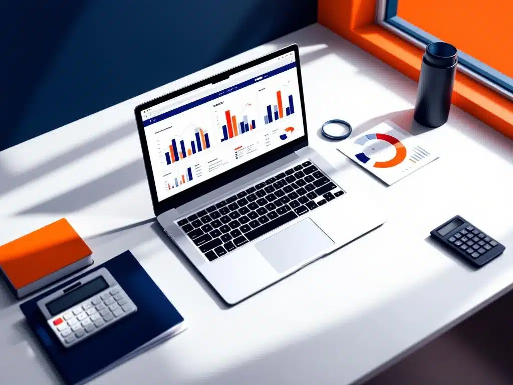 laptop met datavisualisatie grafieken op moderne kantoorbureau met rekenmachine en documenten in blauw-oranje kleurenschema