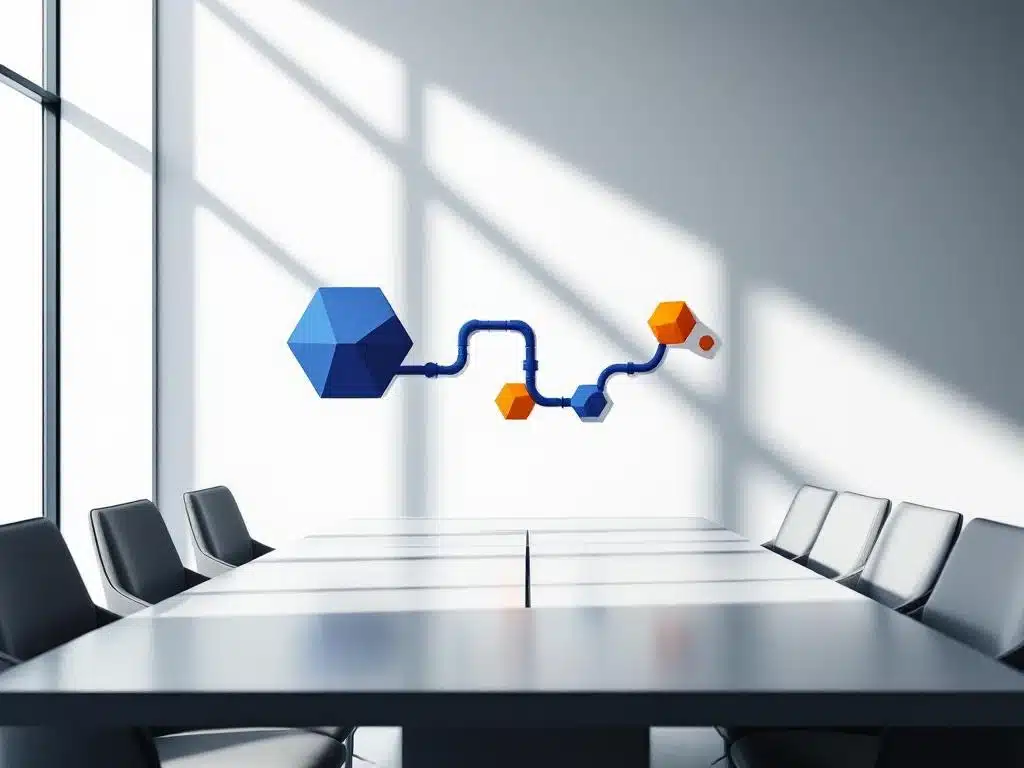 oranje en blauwe geometrische vormen verbonden in een moderne kantooromgeving, symboliserend hr-werkstromen en recruitment