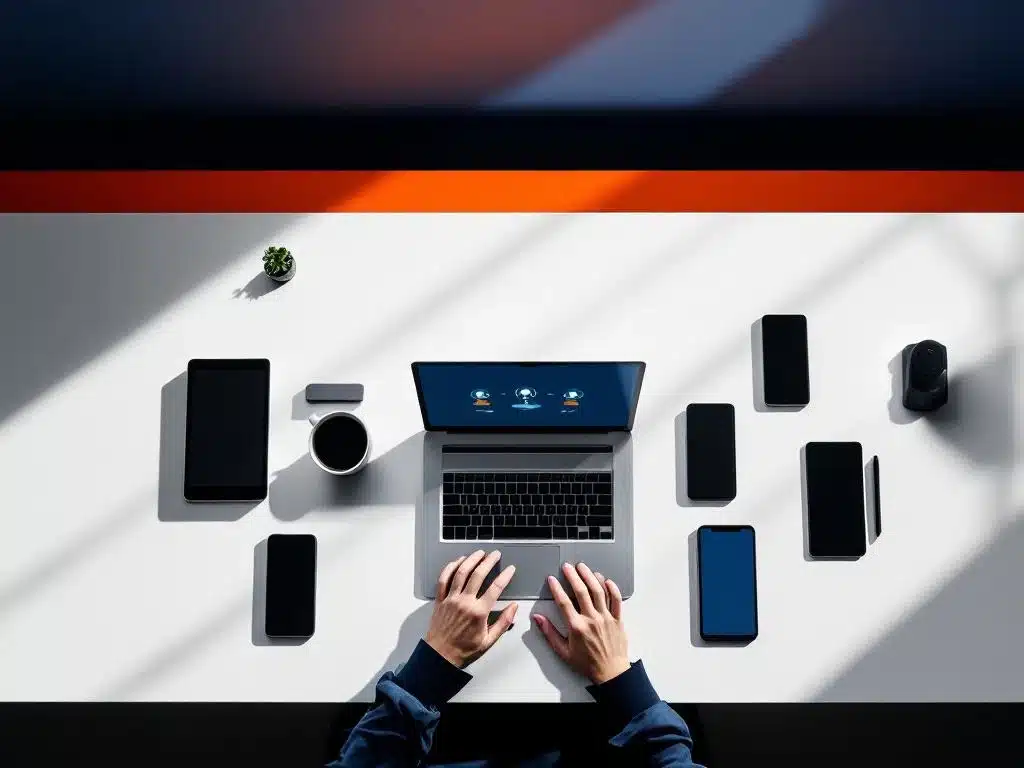 moderne kantooropstelling van bovenaf met laptop en mobiele apparaten in geometrisch patroon op wit bureau