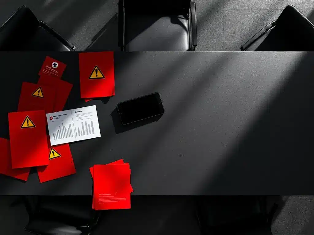 moderne vergadertafel met rode waarschuwingsdocumenten en risicobeoordelingen, dramatisch verlicht met sterke schaduwen