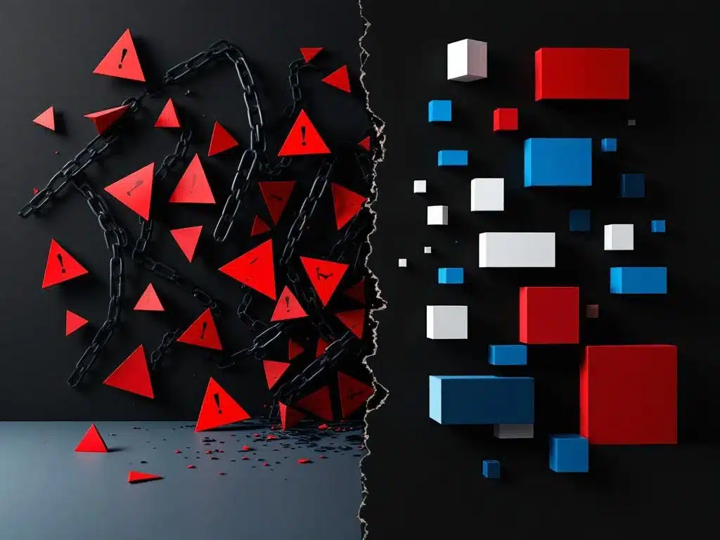 gesplitste compositie toont rommelige rode waarschuwingsdriehoeken links versus georganiseerde blauwe vormen rechts