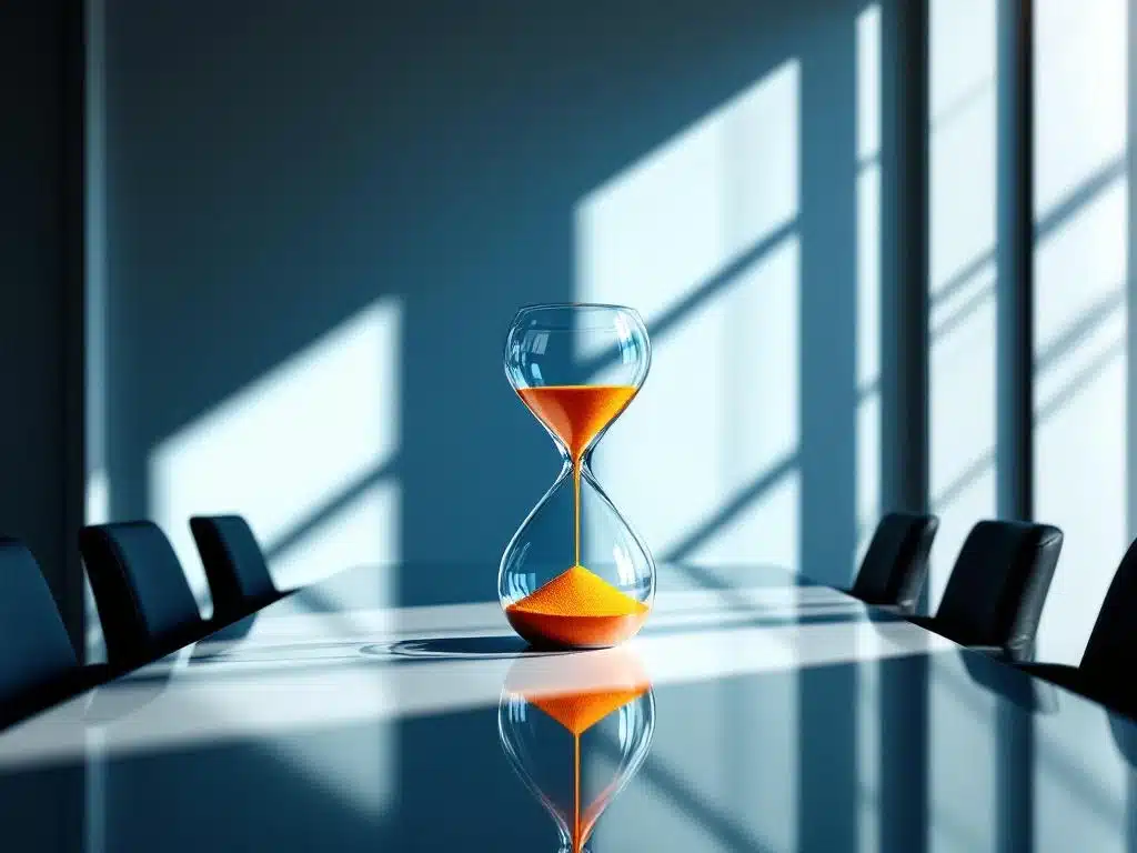 zandloper met blauw-naar-oranje zand op moderne vergadertafel in kantoor met geometrische schaduwen, rpo tijdlijn concept