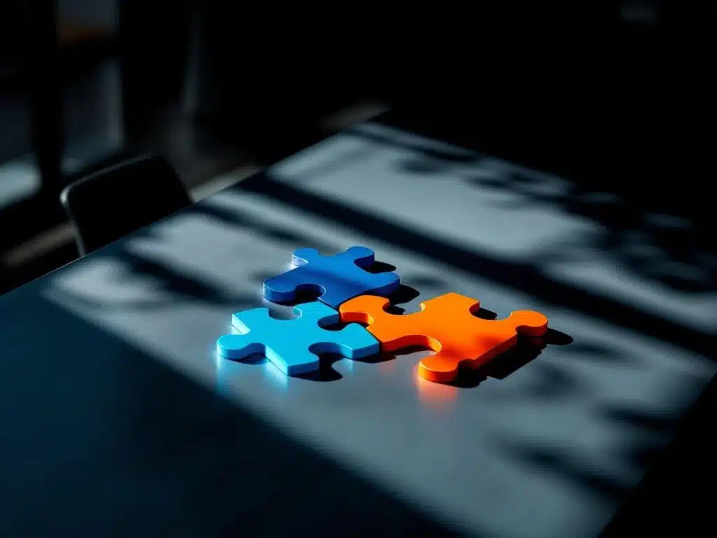 geometrische puzzelstukken in blauw en oranje op moderne vergadertafel, sommige verbonden, andere apart