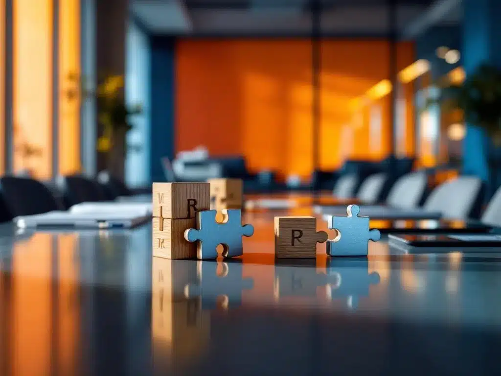 moderne kantooromgeving met houten blokken en metalen puzzelstukken op vergadertafel, dramatische verlichting en oranje-blauwe muur