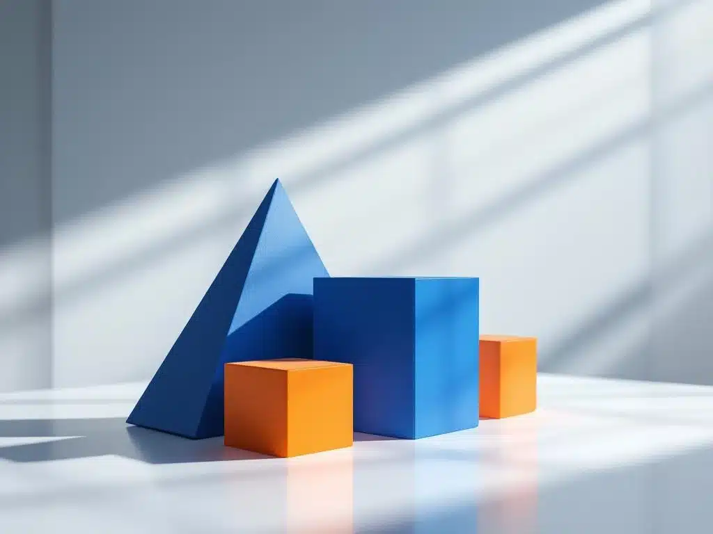 drie geometrische vormen in blauw en oranje op wit bureau in modern kantoor met dramatische belichting