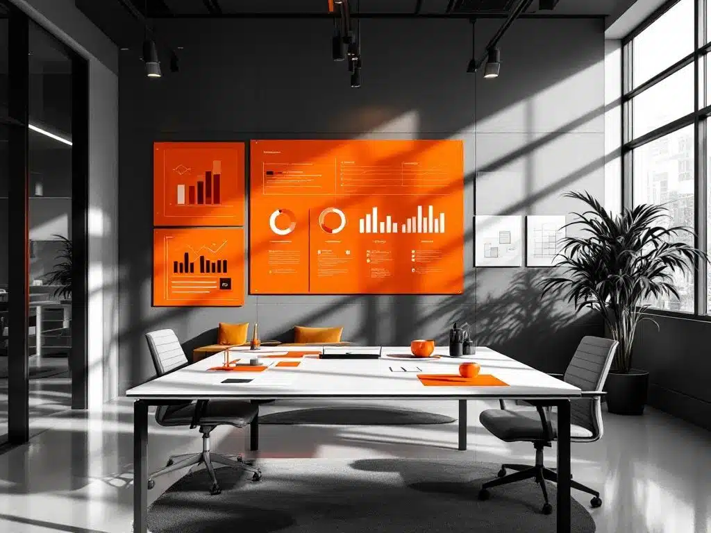 modern kantooromgeving met geometrische projectmanagement grafieken en tijdlijnen in zwart-wit met oranje accenten