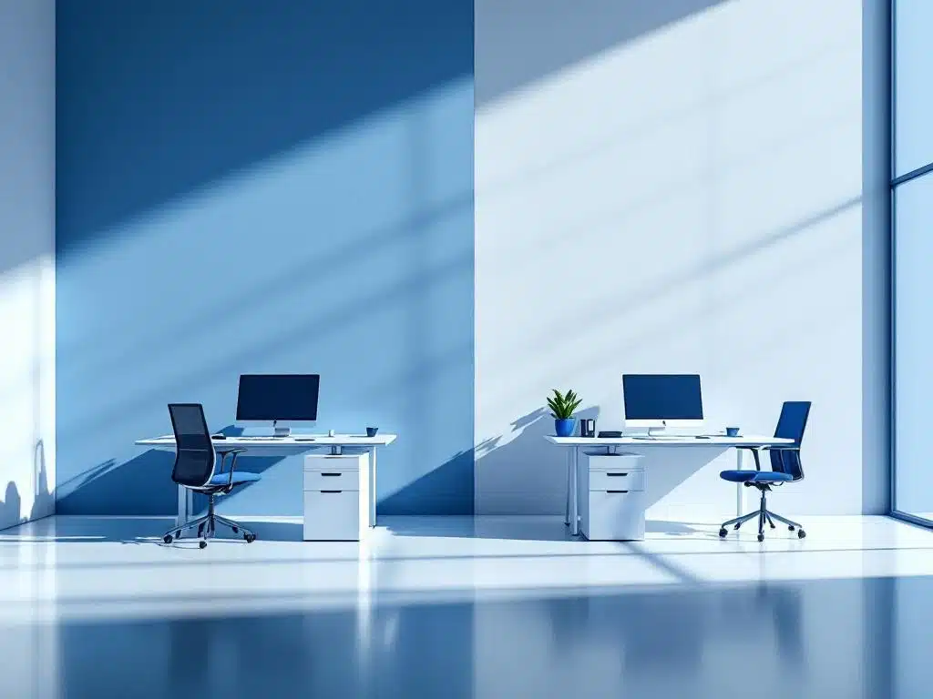 moderne kantooromgeving met twee werkstations: minimalistisch bureau voor staffing en verbonden werkruimte voor rpo