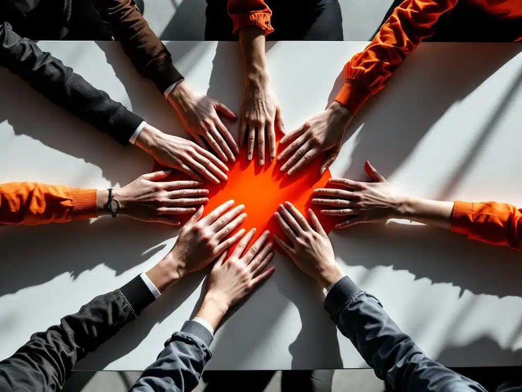 handen van teamleden die zich uitstrekken naar het midden van een conferentietafel in een moderne kantooromgeving