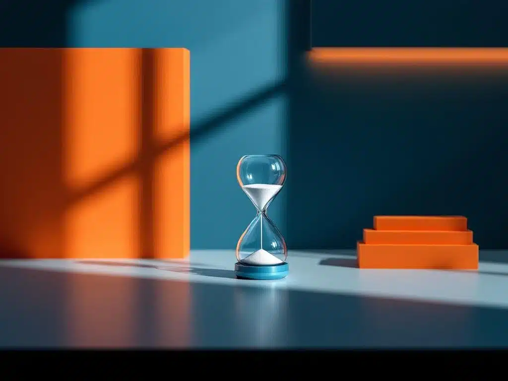 zandloper op minimalistische bureau in modern kantoor met geometrische schaduwen en blauw-oranje kleuraccenten