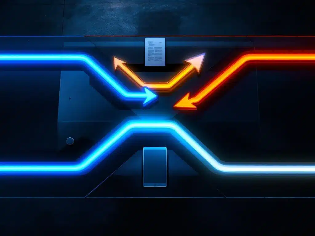 glazen vergadertafel met verlichte metalen pijlen die uitgangsstrategieën tonen, documenten en tablets, overhead perspectief