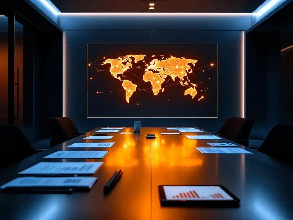 moderne kantooromgeving met verlichte wereldkaart projectie, netwerken en internationale data op conferentietafel