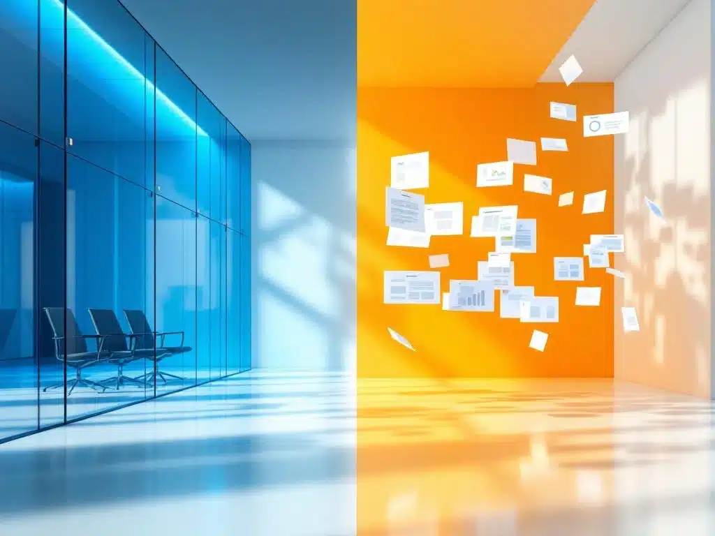 gesplitste weergave van traditionele boardroom met blauwe verlichting versus moderne werkruimte met oranje accenten