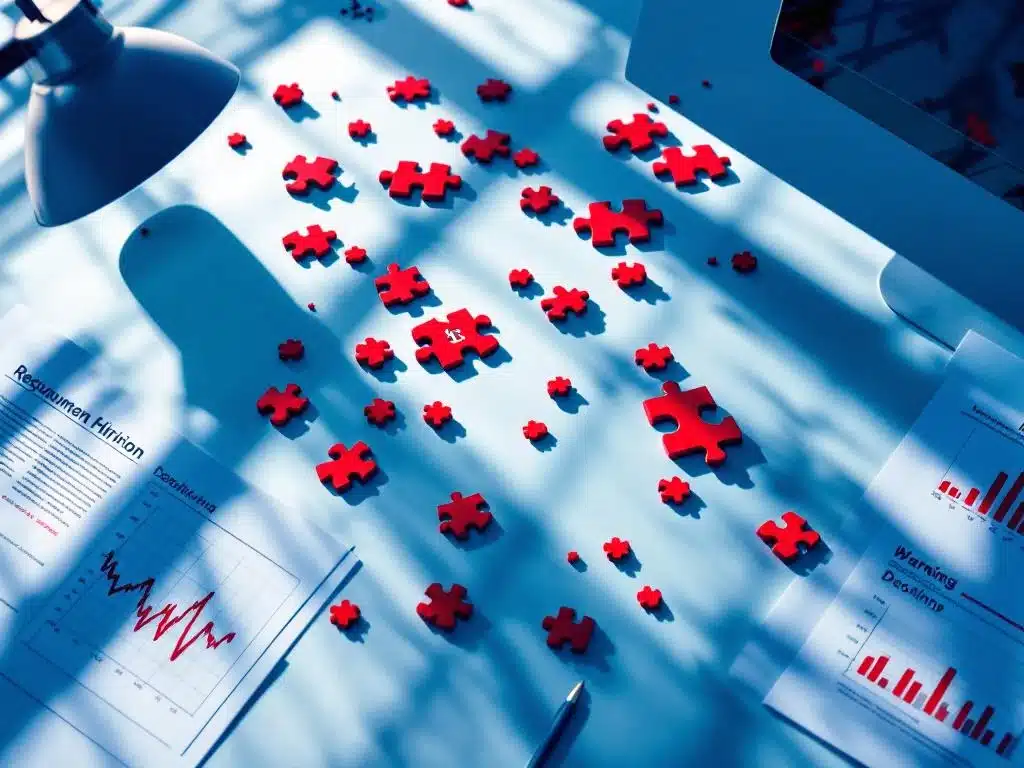 moderne kantoorbureau met verspreide wervingsdocumenten, rode waarschuwingsborden en gebroken puzzelstukjes