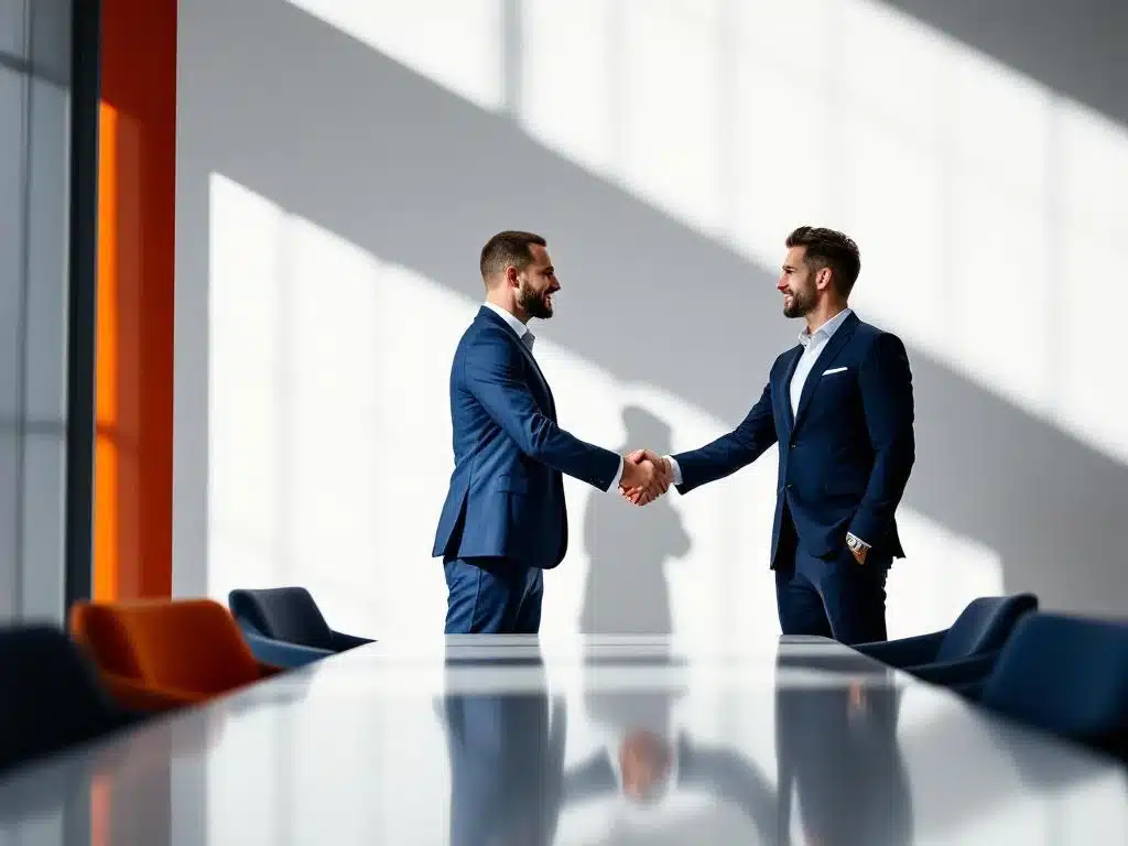 twee zakelijke professionals schudden handen in modern kantoor met navy en oranje accenten, dramatische belichting