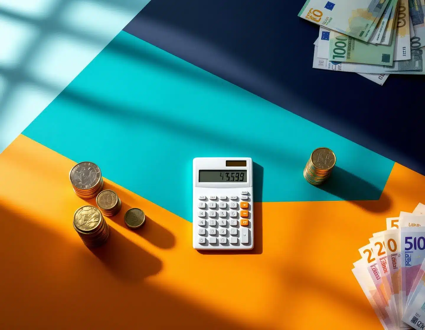 rekenmachine met verlichte cijfers op bureau omringd door gestapelde munten, eurobiljetten en documenten
