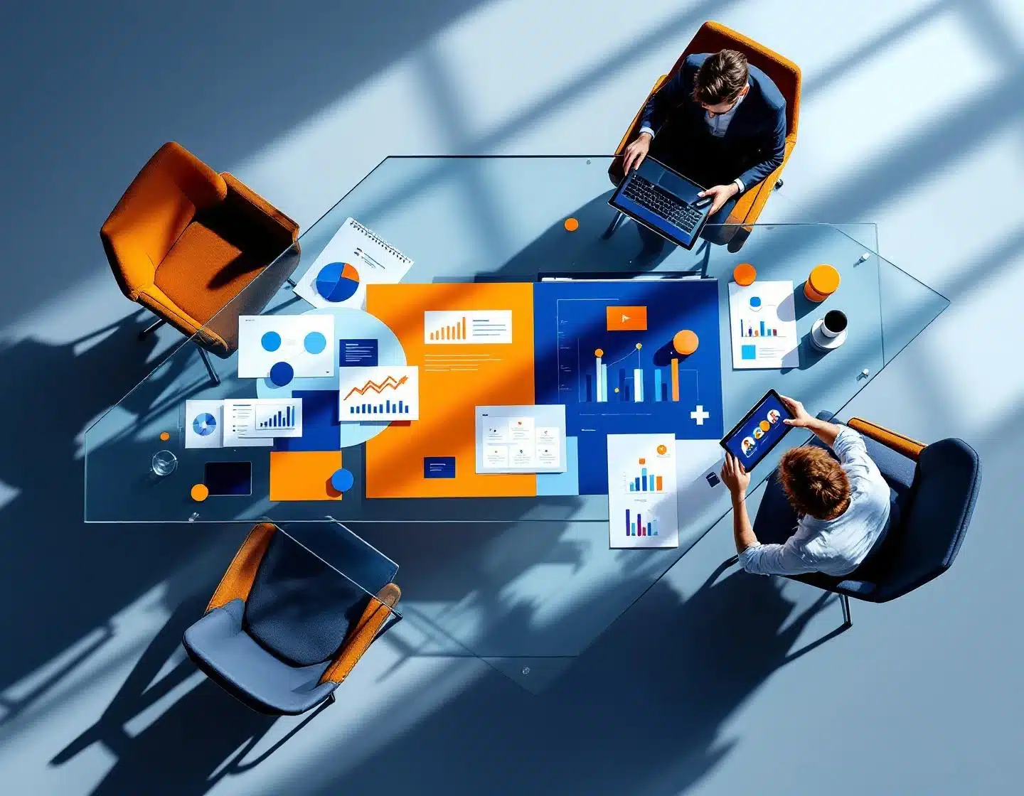 glazen vergadertafel van bovenaf met rekruteringsdocumenten, tablets met kandidaatprofielen en organisatieschema's