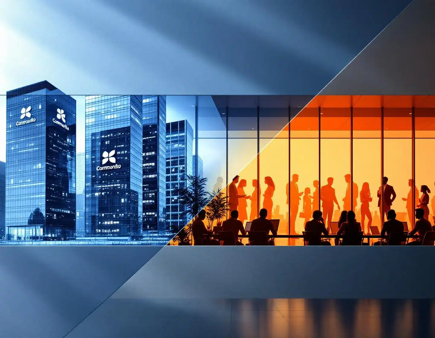 gesplitst scherm toont traditionele glazen kantoorgebouwen links versus moderne, diverse werkruimte rechts met teamwerk