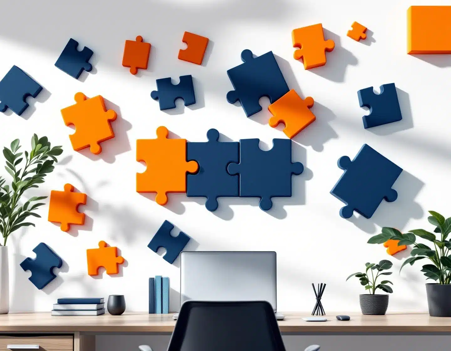 abstracte geometrische vormen in marineblauw en oranje met puzzelstukjes, laptop en moderne stoel op witte achtergrond